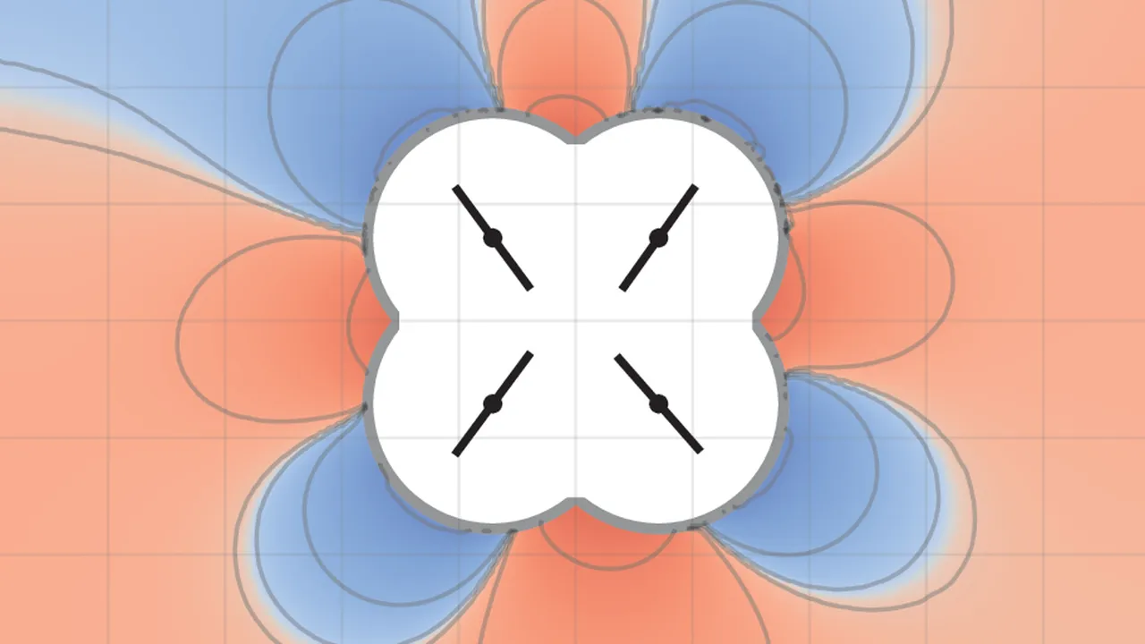 Simulated sound pressure around a four-rotor drone in a square room, with positive pressure in red and negative in blue.